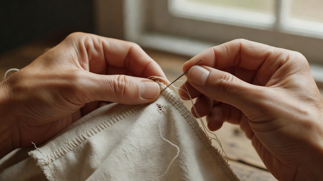 Close view of someone hand-mending a woven cotton seam in soft window light