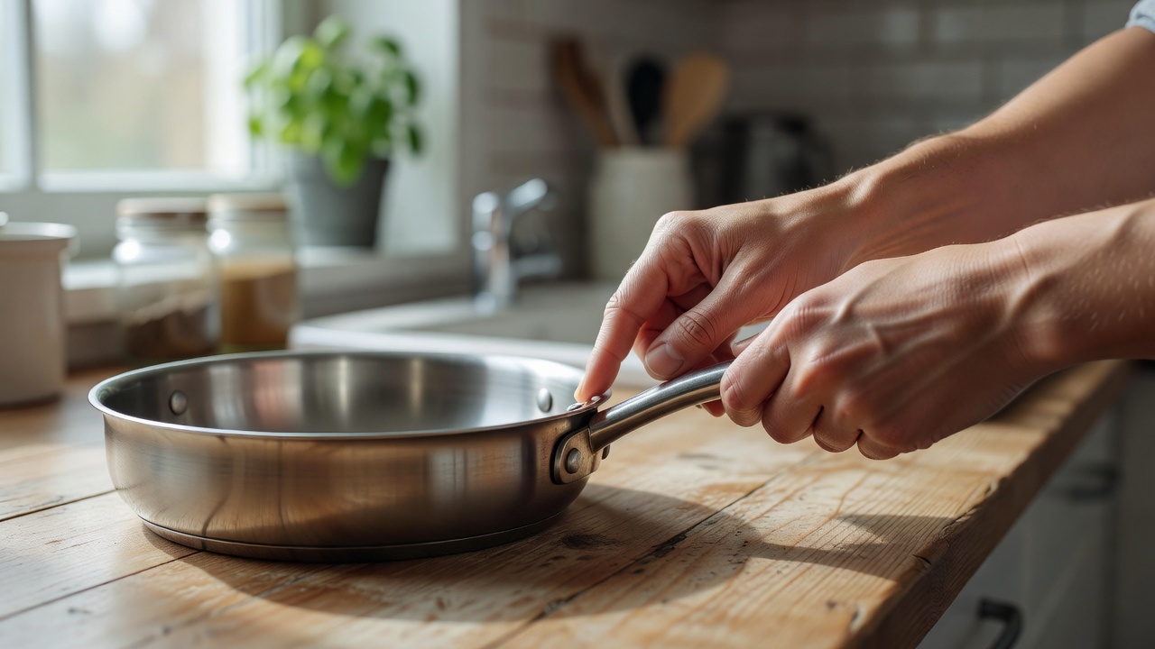 Hands checking a pan handle and its rivets on a naturally lit kitchen worktop
