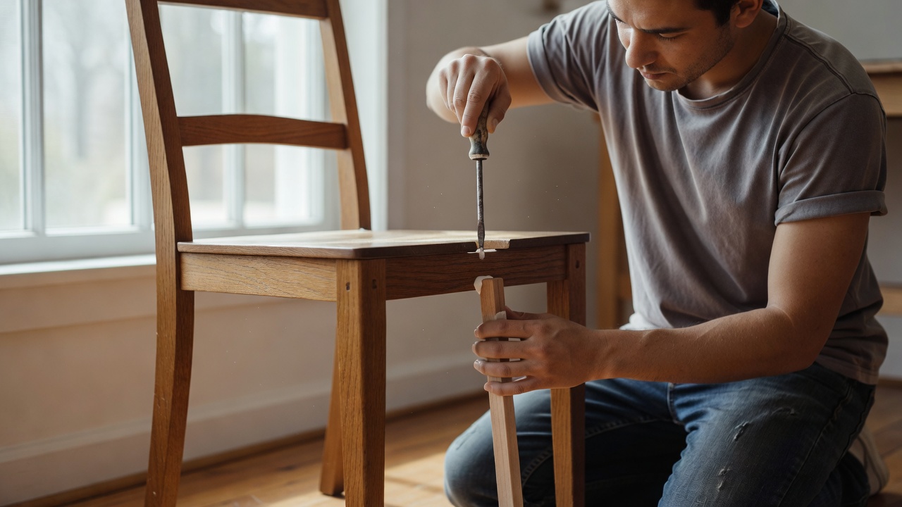 A person using a screwdriver to tighten an accessible wooden chair connection near a window