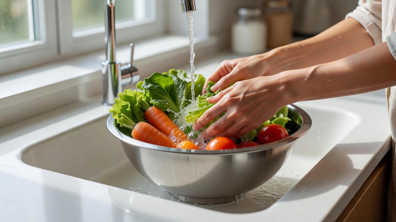 A person rinsing vegetables in a reusable stainless steel bowl at a bright kitchen sink